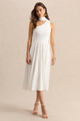 Odette | White Asymmetric-Neck Midi Dress With Scarf