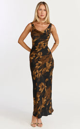 Dara Midi Dress - Low Neck Sleeveless Slip Dress in Amber Floral Print