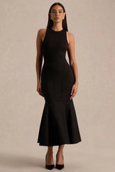 Sally | Black Crew-Neck Midi Dress With Drop Waist And Pleated Detailing