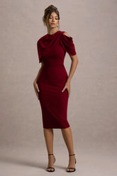 Dorothea | Berry Draped Midi Dress With Cape