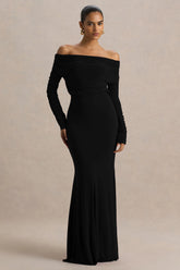 Cilla | Black Bardot-Neck Maxi Dress With Ruched Detailing