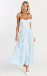 Loretta Midi Dress - Lace Up Back Bustier Pleated Dress in Light Blue