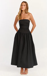 Louisa Midi Dress - Strapless Side Ruched Dropped Waist Fit And Flare Dress in Black