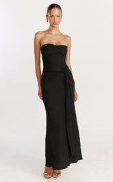 Aria Midi Dress - Strapless Tie Waist Dress in Black