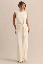 Blythia | Cream Round-Neck Maxi Dress With Gathered-Detailing