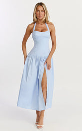 Nyx Midi Dress - Halter Neck Drop Waist Dress in Blue