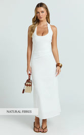 Murray Midi Dress - Deep U Halter Neck Dress in White