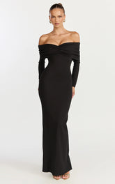 Rani Maxi Dress - Off Shoulder Long Sleeve Bodycon Dress in Black