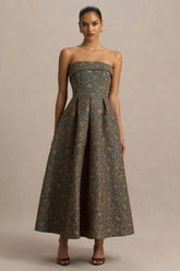 Loretta | Dark Green And Rust Embroidered Bandeau Midi Dress