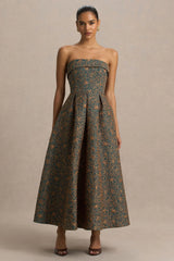 Loretta | Dark Green And Rust Embroidered Bandeau Midi Dress