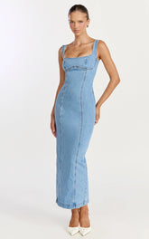 Kristie Maxi Dress - Wide Neck Corset Detail Denim Dress in Light Mid Blue