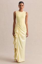 Ada | Lemon Crew-Neck Maxi Dress With Sheer Skirt And Ruffled Detailing