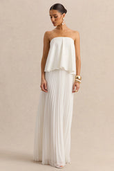 Saralyn | White Bandeau Maxi Dress With Pleated-Skirt