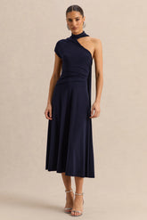 Lythara | Navy Asymmetric-Neck Midi Dress With Scarf-Detail