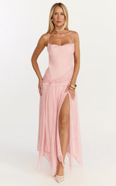 Idris Midi Dress - Cowl Neck Draped Sash Godet Dress in Soft Pink