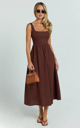 Khari Midi Dress - Linen Look Square A Line Dress in Chocolate