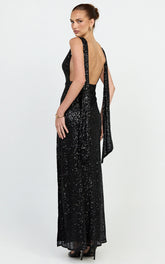Malisha Maxi Dress - Sequin Cowl Neck Backless Dress in Black