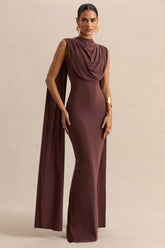 Patrina | Brown High-Neck Maxi Dress With Draped-Detailing And Cape-Sleeves
