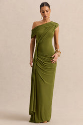 Avialee | Green Asymmetric-Neck Maxi Dress With Gathered-Detailing And Sash
