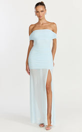 Leticia Maxi Dress - Mesh Off Shoulder Ruched High Split Dress in Blue