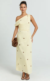 Cia Midi Dress - One Shoulder Dress in Yellow Choc Polka Dot