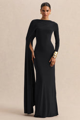 Halina | Black High-Neck Maxi Dress With Cape-Sleeve