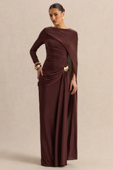 Orintha | Brown Slashed-Neck Maxi Dress With Cape And Gold-Detail