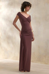 Petronia | Brown V-Neck Maxi Dress With Wrap-Detail