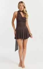Karla Mini Dress - Asymmetric Tie Neck Fit And Flare Dress in Chocolate