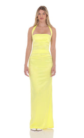Satin Halter Maxi Dress in Yellow