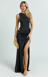 Pepper Maxi Dress - High Neck Bodysuit with Draped Skirt in Black