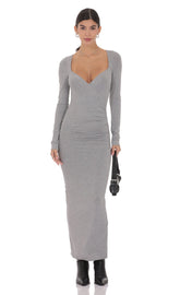 V-Neck Long Sleeve Maxi Dress in Grey