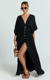 Sitting Pretty Maxi Dress - Short Sleeve Button Down Dress in Black