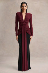 Halston | Burgundy And Black Plunge-Neck Maxi Dress With Gathered-Detailing