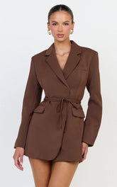 Harlee Mini Dress - Belted Cinch Waist Blazer Dress in Mocha