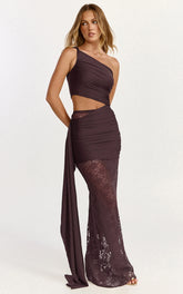Ferguson Maxi Dress - One Shoulder Draped Jersey and Lace Dress in Chocolate