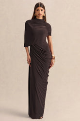 Lunaline | Brown High-Neck Maxi Dress With Asymmetric Cape And Draped-Detailing