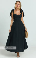 Tymia Midi Dress - Shoulder Tie Bustier Shirred Back A Line in Black