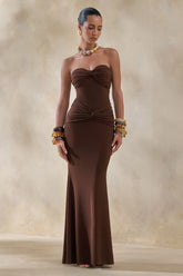 Elodia | Brown Bandeau Maxi Dress With Gathered-Detailing