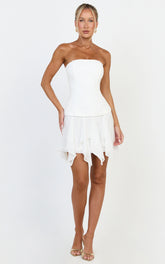 Selani Mini Dress - Strapless Bodice Ruffle Hem Dress in White