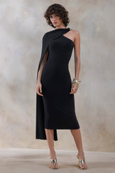 Misoria | Black High-Neck Midi-Dress With Cape-Sleeve