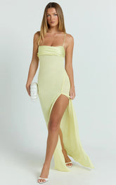 Sonya Maxi Dress - Cowl Neck Asymmetric Fit And Flare Dress in Lemon