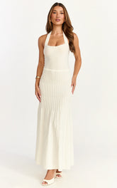 Candace Midi Dress - Halter Neck Ribbed Knit Dress in Cream