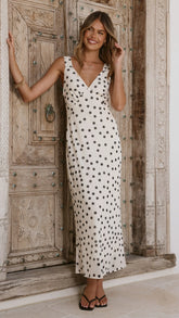 Cassara Maxi Dress - White / Black Polka Dot