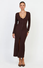 Zayla Midi Dress - Long Sleeve Button Front Bodycon Dress in Chocolate