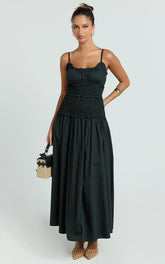 Cami Midi Dress - Rushed Bodice Dress in Black