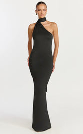 Seraphine Maxi Dress - Halter Neck Low Back Fit And Flare Dress in Black