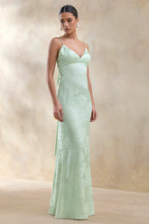 Carelle | Green Satin Plunge-Neck Maxi Dress With Asymmetric Drop-Waist