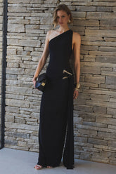 Bonnie | Black Asymmetric-Neck Maxi Dress With Open-Back