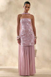 Meraly | Pink Sequin Bandeau Maxi Dress With Scarf-Detail